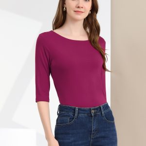 Casual Boat Neck 3/4 Sleeve Solid Basic T-shirt Fuchsia/S - Allegra K catalog