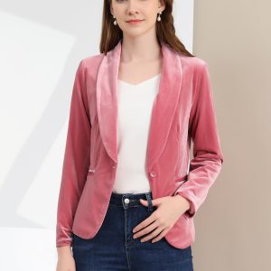 Shawl Collar Single Button Velvet Solid Office Work Jacket Blazer Pink/L - Allegra K catalog