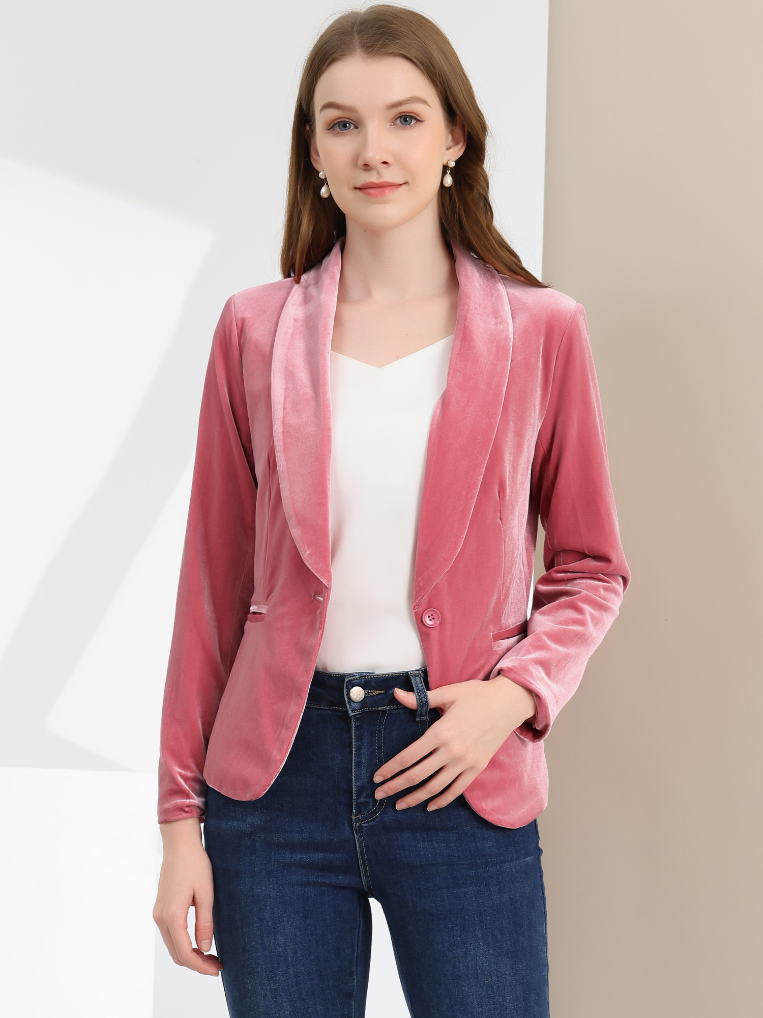 Shawl Collar Single Button Velvet Solid Office Work Jacket Blazer Pink/L - Allegra K catalog