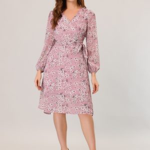 Chiffon Floral V Neck Tie Waist Bishop Sleeve Casual Wrap Midi Dress Pink/S - Allegra K catalog