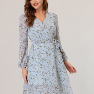 Chiffon Floral V Neck Tie Waist Bishop Sleeve Casual Wrap Midi Dress Light Blue/XS - Allegra K catalog