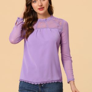 Lace Mesh Long Sleeve Top Round Neck Casual Elegant Blouse Purple/XS - Allegra K catalog