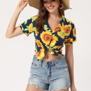 Hawaiian Floral Leaves Tropical Button Down Shirt Black Sunflower/M - Allegra K catalog