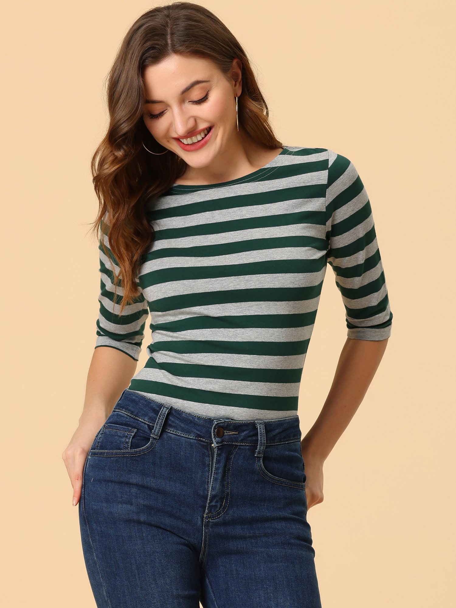 Halloween 3/4 Sleeve T-shirt Casual Boat Neck Slim Fit Tee Green Gray/M - Allegra K catalog