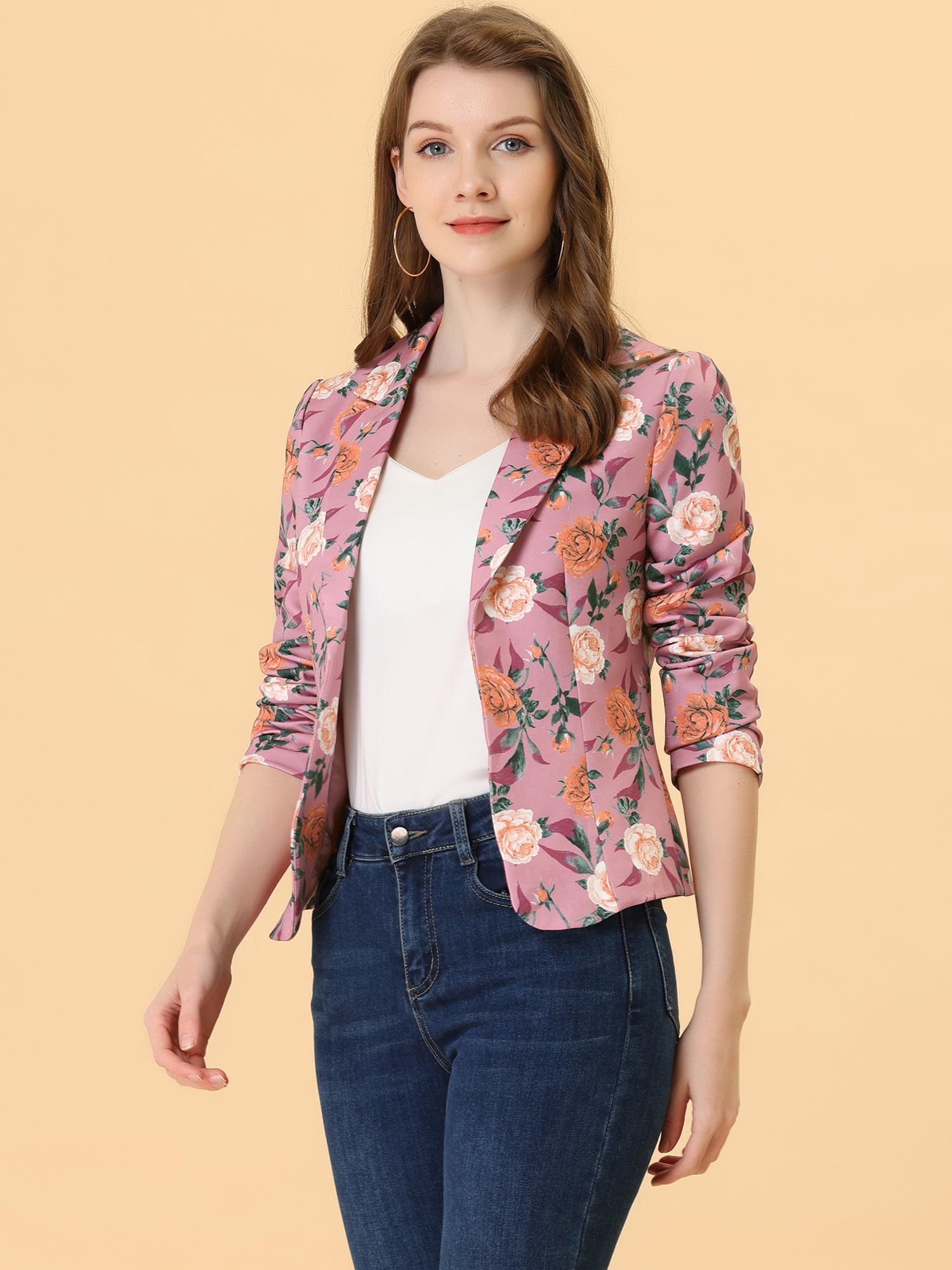 Open Front Notch Lapel Floral Business Casual Suit Blazer Rose-Floral/M - Allegra K catalog