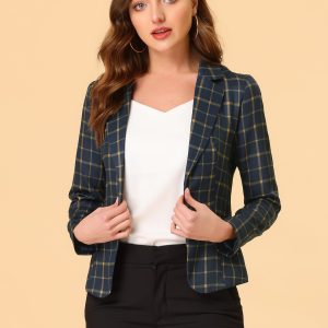 Business Casual Open Front Notch Lapel Plaid Suit Blazer Dark Blue-Plaid/M - Allegra K catalog
