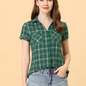 Cotton Classic Button Down Plaid Short Sleeve Shirt Green Beige/S - Allegra K catalog