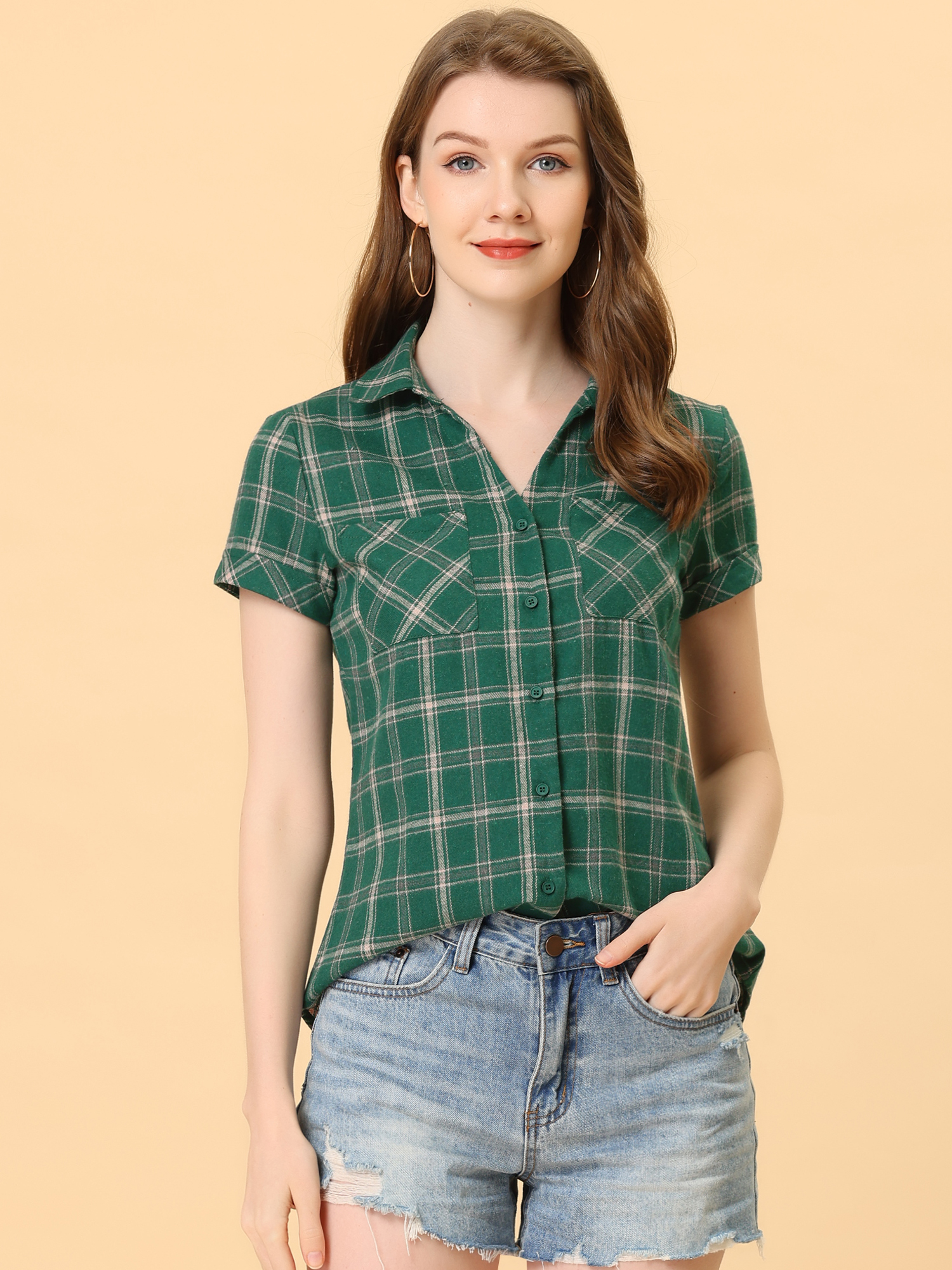 Cotton Classic Button Down Plaid Short Sleeve Shirt Green Beige/S - Allegra K catalog