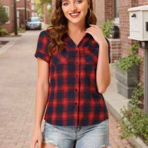 Button Down Cotton Classic Western Plaid Shirt Dark Blue Red/M - Allegra K catalog