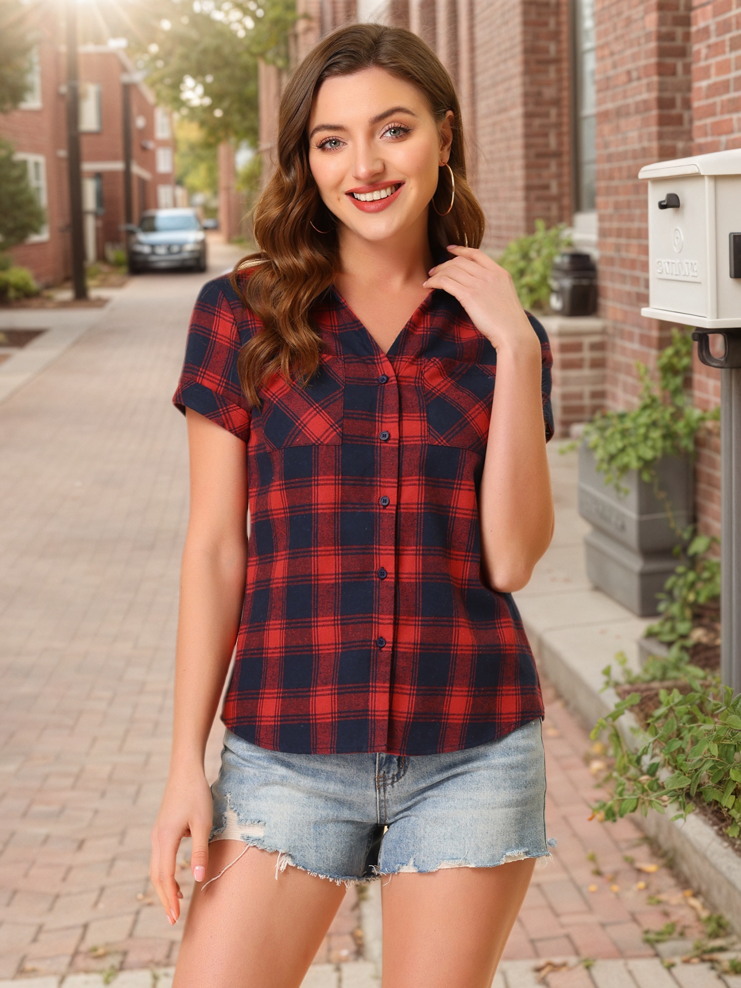 Button Down Cotton Classic Western Plaid Shirt Dark Blue Red/M - Allegra K catalog