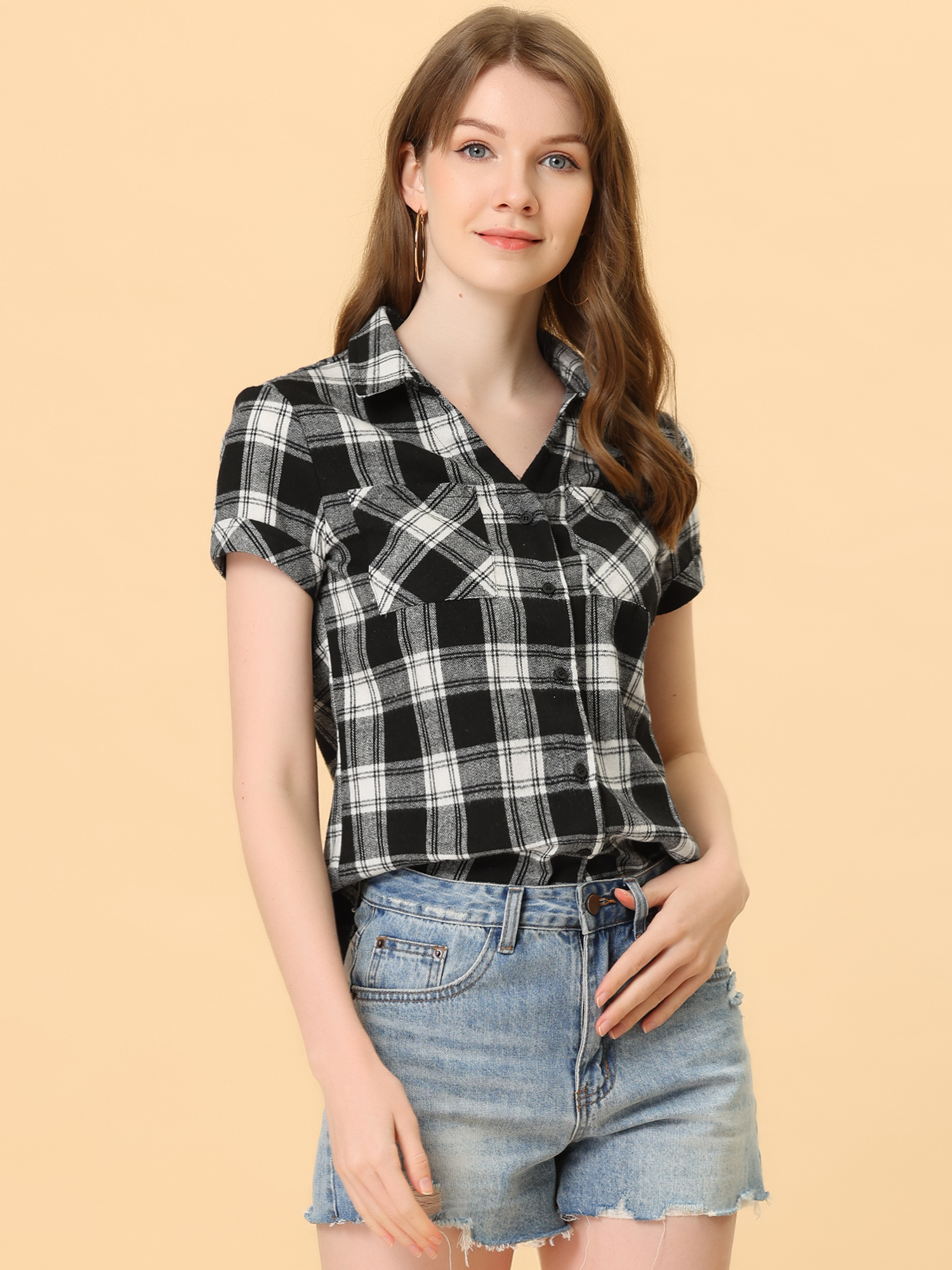 Cotton Classic Button Down Plaid Short Sleeve Shirt Black/XS - Allegra K catalog