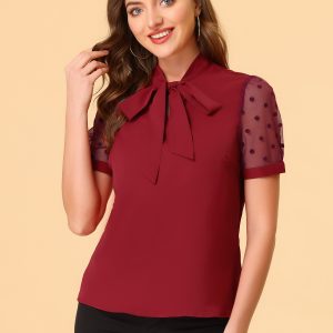 Bow Tie V Neck Stand Collar Short Mesh Sleeve Blouse Burgundy/L - Allegra K catalog