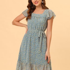Floral Chiffon Flutter Sleeve Belted Square Neck Ruffled Hem Dress Blue Gray/S - Allegra K catalog