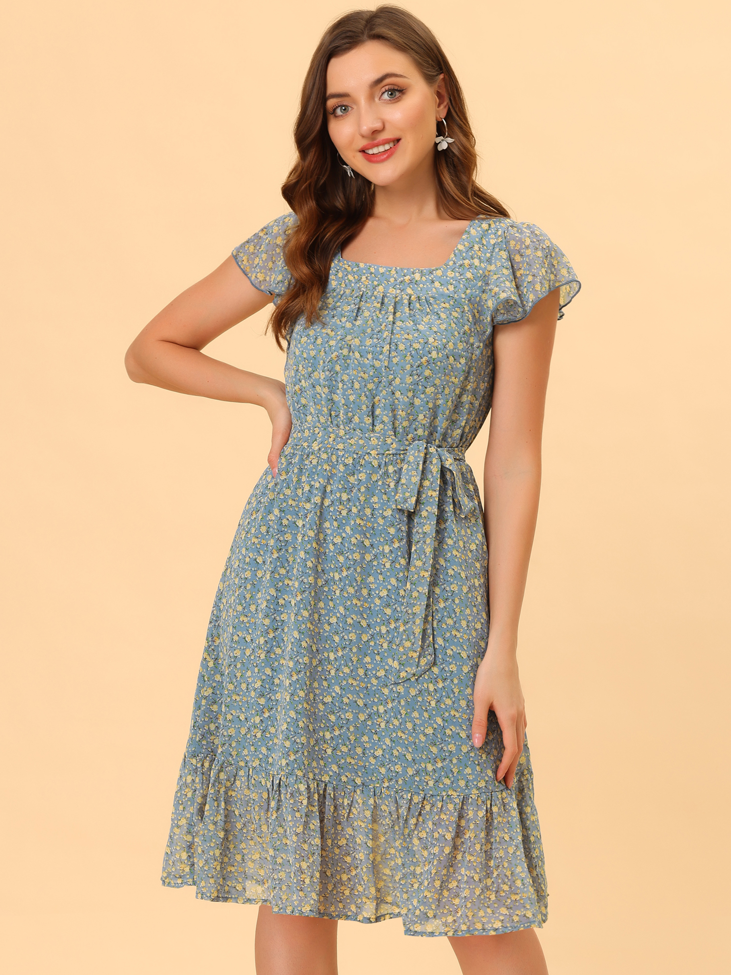 Floral Chiffon Flutter Sleeve Belted Square Neck Ruffled Hem Dress Blue Gray/XL - Allegra K catalog