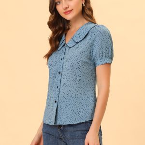 Polka Dot Peter Pan Collar Rockabilly Puff Short Sleeve Shirt Blue/S - Allegra K catalog