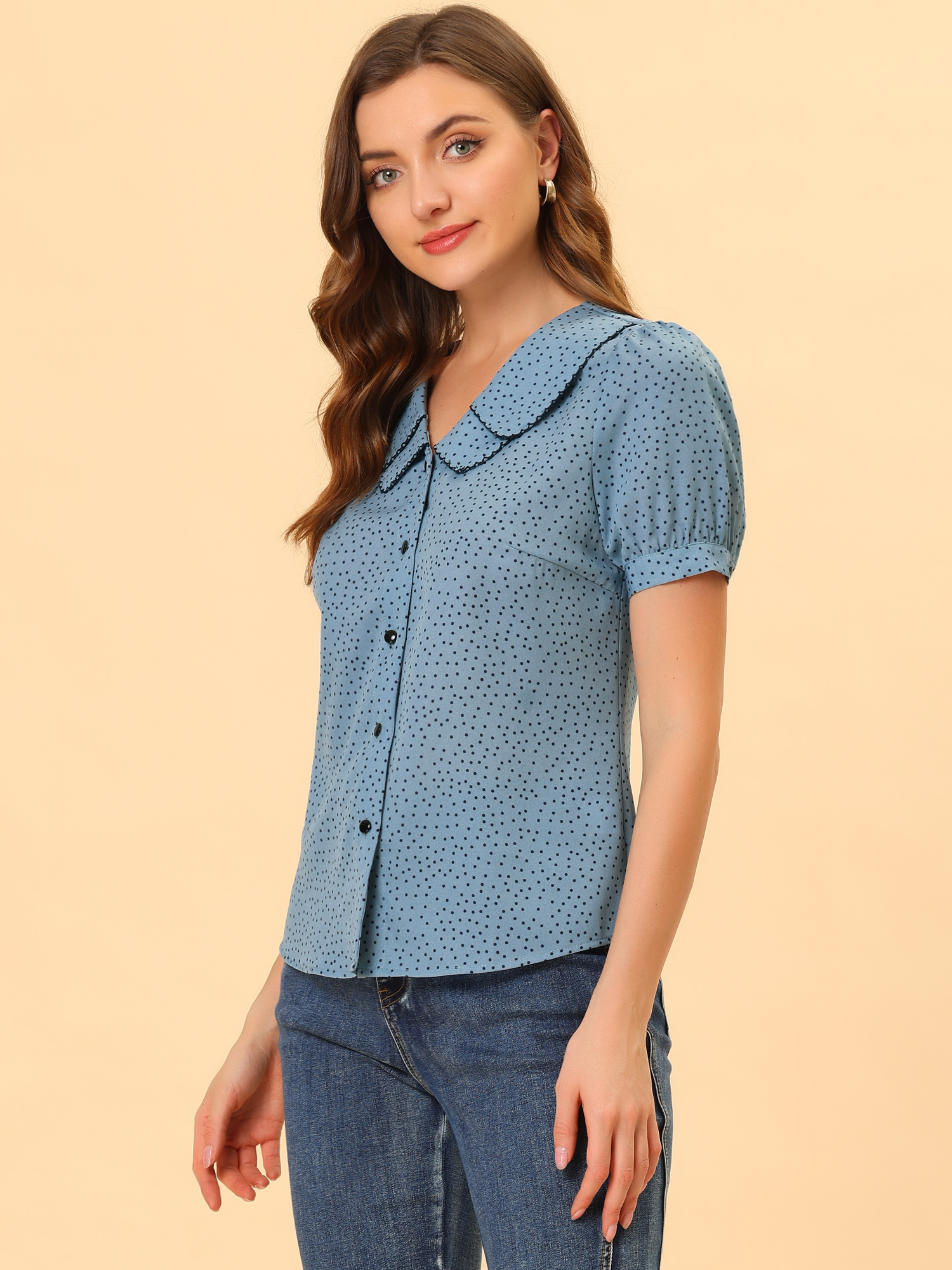 Polka Dot Peter Pan Collar Rockabilly Puff Short Sleeve Shirt Blue/XL - Allegra K catalog