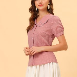 Polka Dot Peter Pan Collar Rockabilly Puff Short Sleeve Shirt Pink/XS - Allegra K catalog
