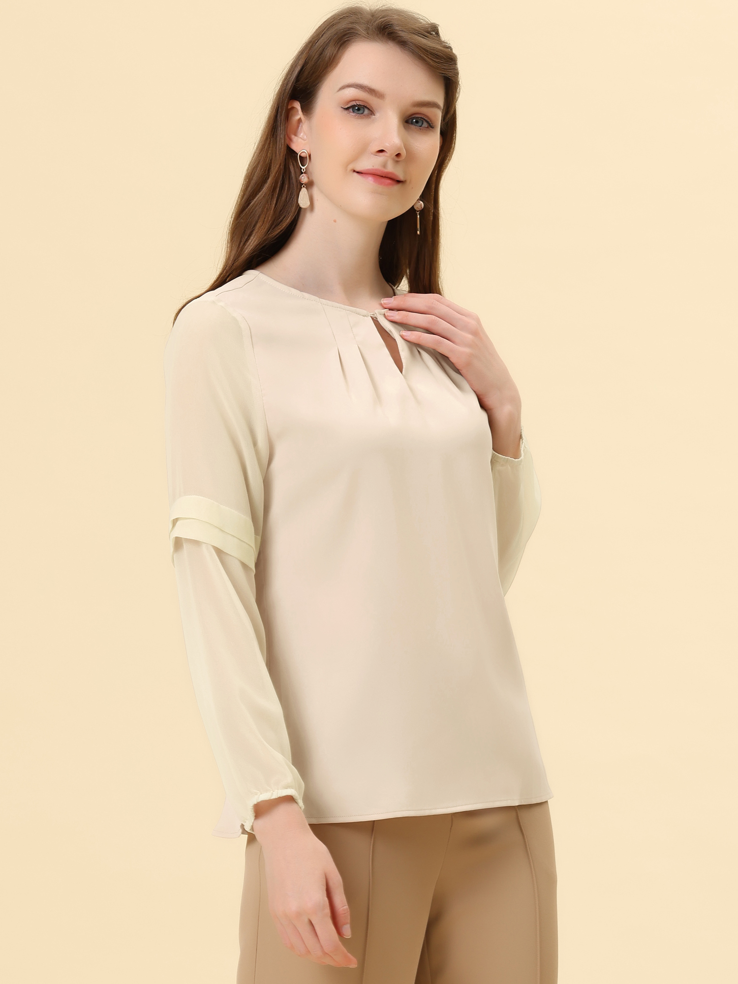 Chiffon Shirt Semi Sheer Keyhole Neck Elegant Blouse Apricot/S - Allegra K catalog