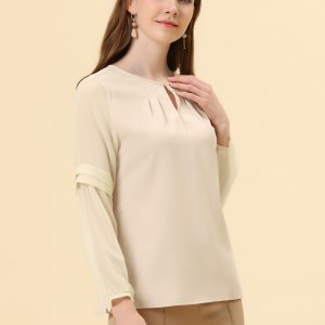 Chiffon Shirt Semi Sheer Keyhole Neck Elegant Blouse Apricot/L - Allegra K catalog