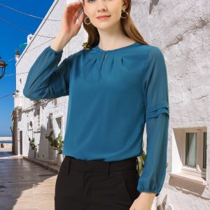 Chiffon Shirt Semi Sheer Keyhole Neck Elegant Work Blouse Lake Blue/XS - Allegra K catalog