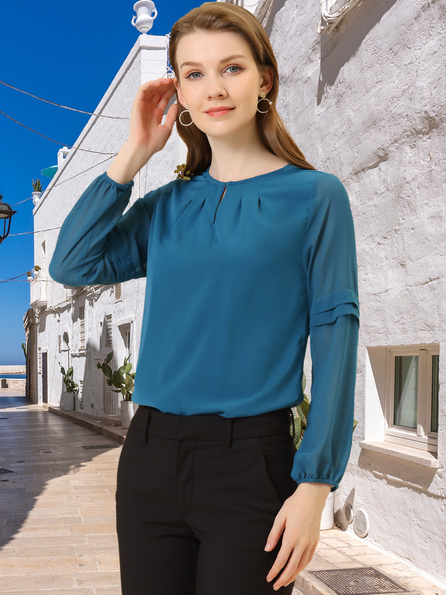 Chiffon Shirt Semi Sheer Keyhole Neck Elegant Work Blouse Lake Blue/S - Allegra K catalog