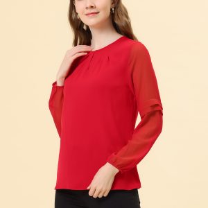 Chiffon Shirt Semi Sheer Keyhole Neck Elegant Work Blouse Red/M - Allegra K catalog