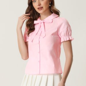 Peter Pan Collar Tie Neck Casual Cute Cotton Button-Up Shirt Pink/S - Allegra K catalog