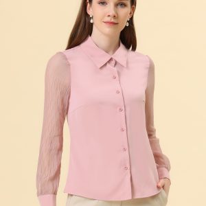 Button Down Shirt Sheer Sleeve Point Collar Work Tops Pink/XS - Allegra K catalog