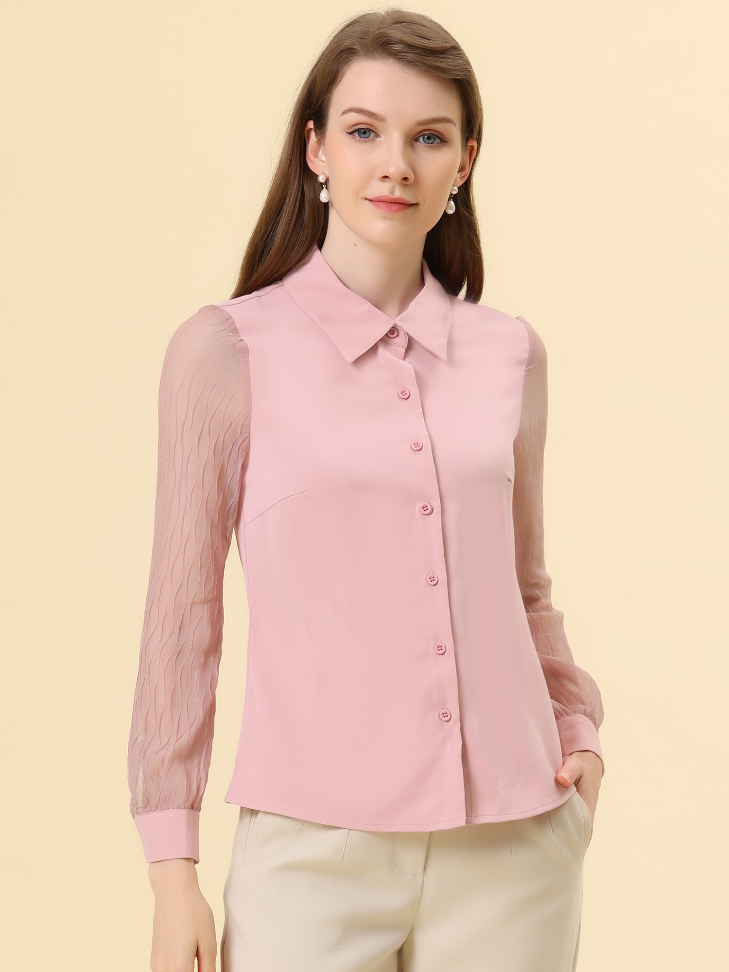 Button Down Shirt Sheer Sleeve Point Collar Work Tops Pink/S - Allegra K catalog