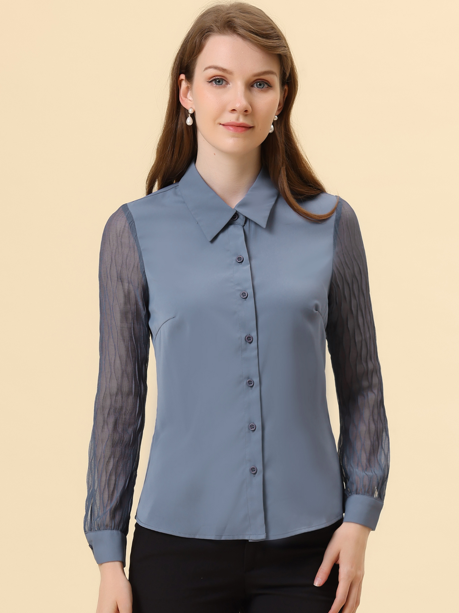 Button Down Shirt Sheer Sleeve Point Collar Work Tops Gray Blue/S - Allegra K catalog