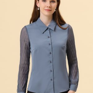 Button Down Shirt Sheer Sleeve Point Collar Work Tops Gray Blue/XL - Allegra K catalog