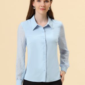 Button Down Shirt Sheer Sleeve Point Collar Work Tops Light Blue/L - Allegra K catalog