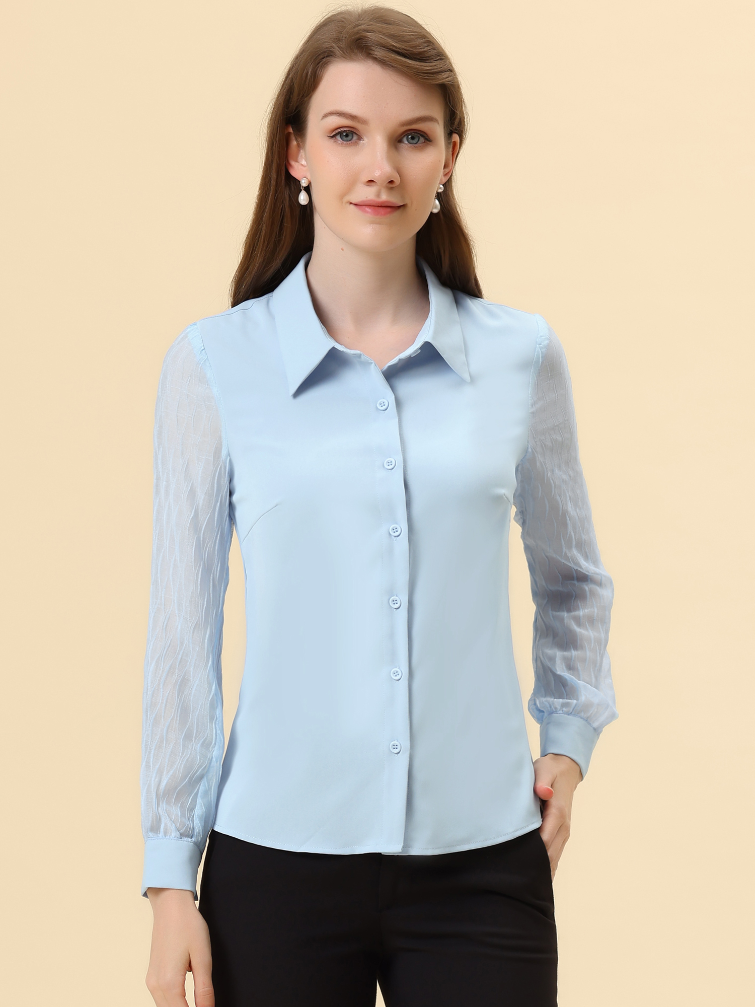 Button Down Shirt Sheer Sleeve Point Collar Work Tops Light Blue/XL - Allegra K catalog