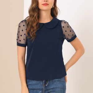 Peter Pan Collar Puff Mesh Short Sleeve Polka Dot Blouse Navy Blue/M - Allegra K catalog