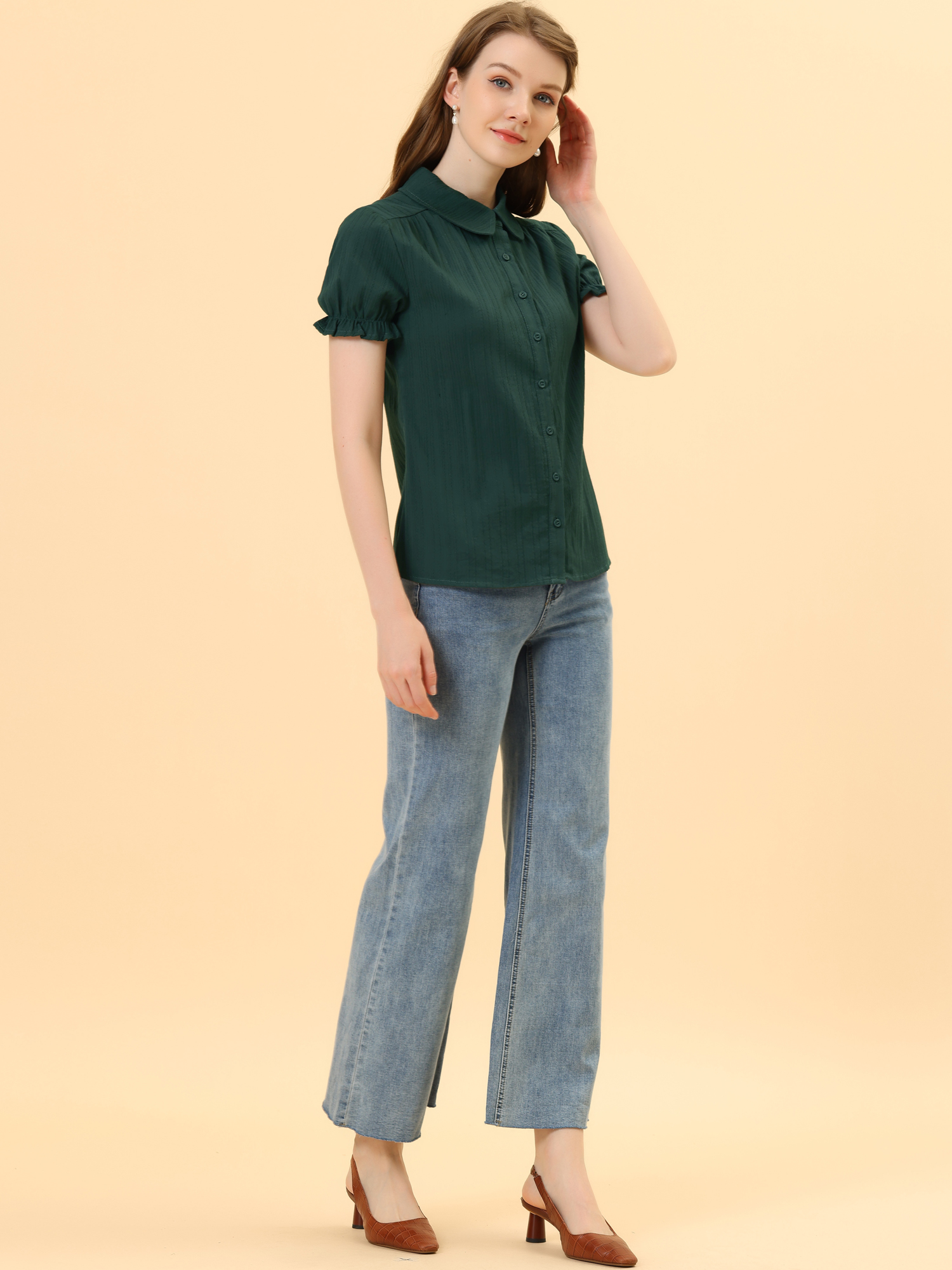 Cotton Frilled Top Turndown Collar Solid Blouse Shirt Dark Green/M - Allegra K catalog