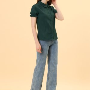 Cotton Frilled Top Turndown Collar Solid Blouse Shirt Dark Green/XL - Allegra K catalog