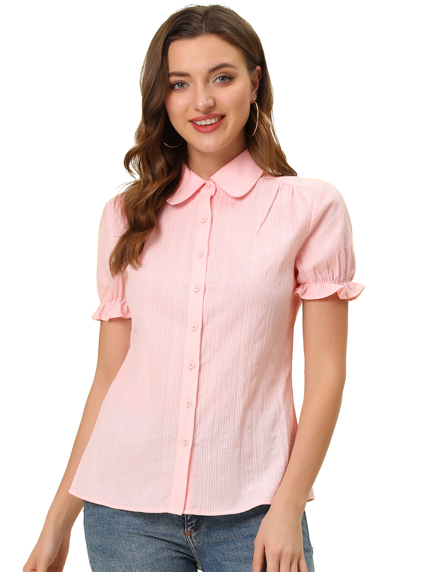 Cotton Frilled Top Turndown Collar Solid Blouse Shirt Light Pink/XS - Allegra K catalog