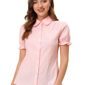 Cotton Frilled Top Turndown Collar Solid Blouse Shirt Light Pink/M - Allegra K catalog