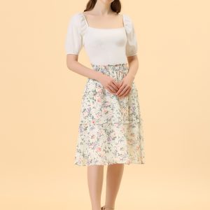 Floral Smocked Elastic Waist Knee Length Ruffle Tiered Skirt White/S - Allegra K catalog