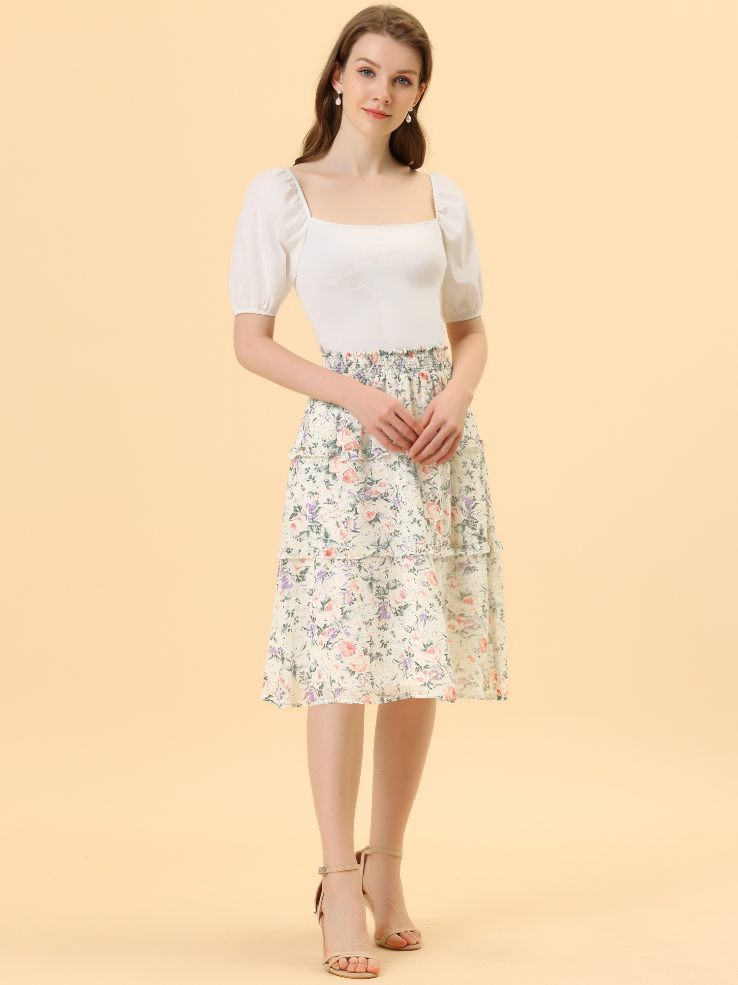 Floral Smocked Elastic Waist Knee Length Ruffle Tiered Skirt White/L - Allegra K catalog