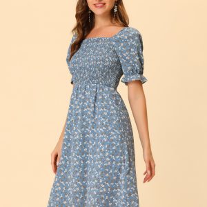 Square Neck Puff Sleeve Shirred Floral Casual Midi Dress Dusty Blue/XS - Allegra K catalog