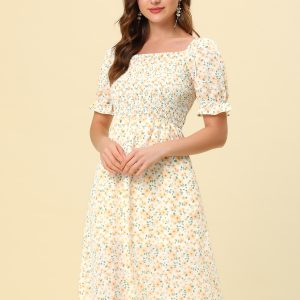 Square Neck Puff Sleeve Shirred Floral Casual Midi Dress Orange/L - Allegra K catalog