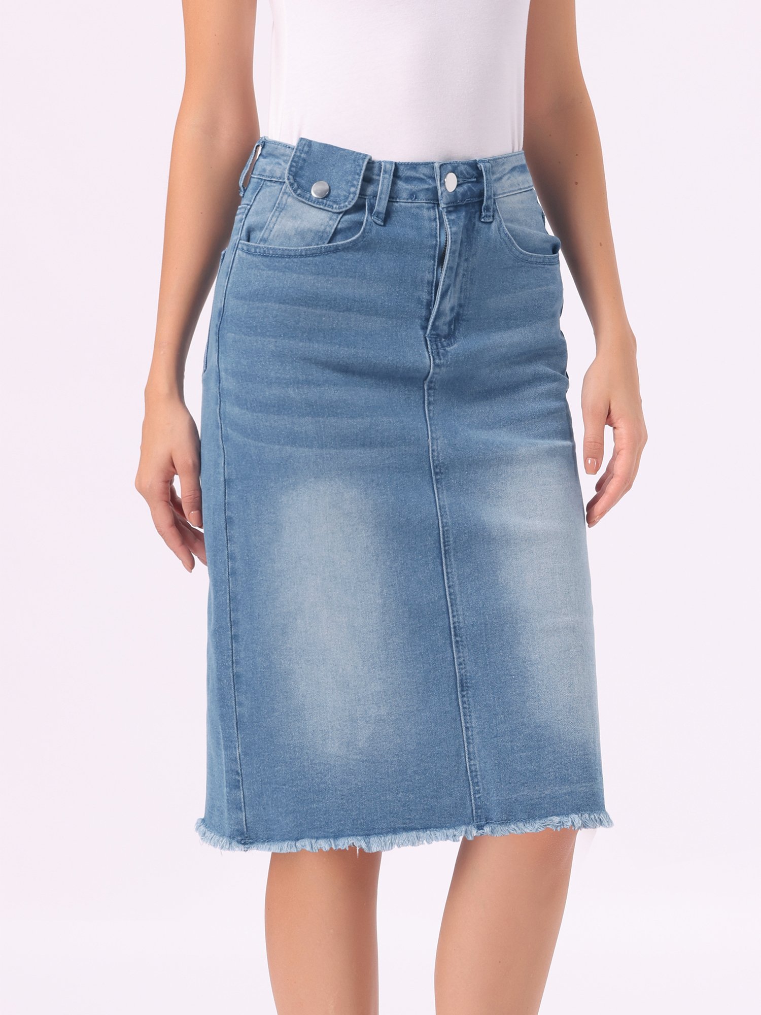 Casual High Waist Back Slit Stretch Denim Midi Jean Skirt Jean Blue/M - Allegra K catalog