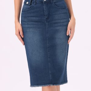 Casual High Waist Back Slit Stretch Denim Midi Skirt Dark Blue/XL - Allegra K catalog