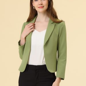 Notched Lapel Long Sleeves Solid Color Open Front Cropped Blazer Avocado Green/S - Allegra K catalog
