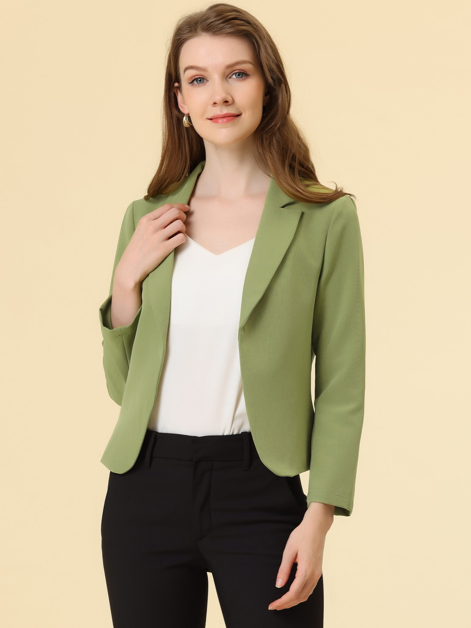 Notched Lapel Long Sleeves Solid Color Open Front Cropped Blazer Avocado Green/XL - Allegra K catalog