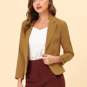 Notched Lapel Long Sleeves Solid Color Open Front Cropped Blazer Dark Khaki/L - Allegra K catalog