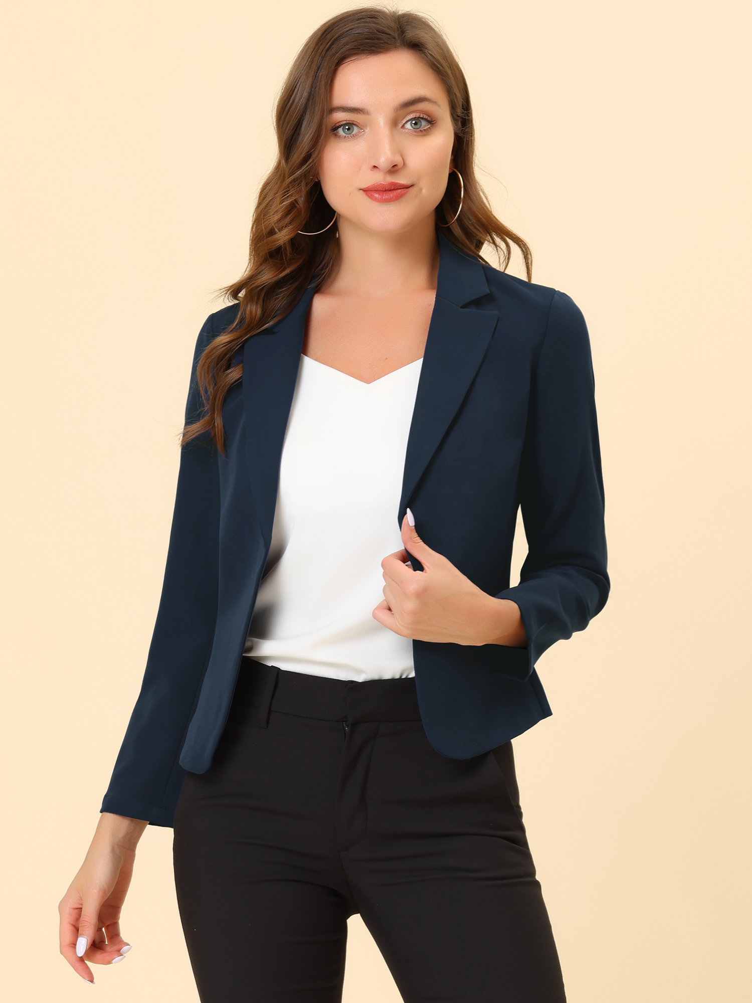 Open Front Office Work Business Crop Suit Blazer Jacket Dark Blue/M - Allegra K catalog