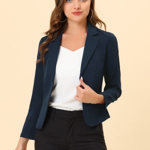 Open Front Office Work Business Crop Suit Blazer Jacket Dark Blue/XL - Allegra K catalog