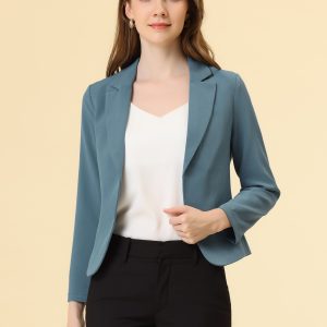 Notched Lapel Long Sleeves Solid Color Open Front Cropped Blazer Blue Grey/M - Allegra K catalog
